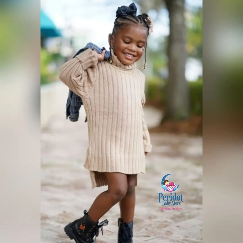 GIRLS KNIT TURTLE NECK SWEATER DRESS G20225-BROWN