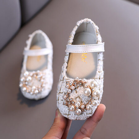 GIRLS FLAT/DOLL SHOES WHITE+PEARLS S-33301