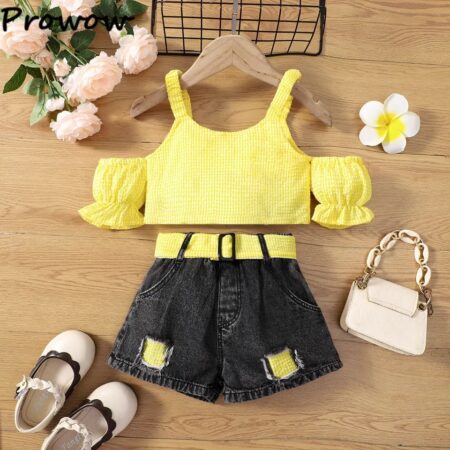 GIRLS 2PCS SHORT SET YELLOW BLACK OCT004