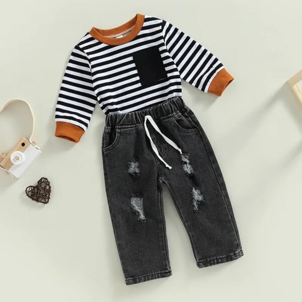 BOYS 2PCS STRIPPED TOP + BLACK JEANS OCT030 - Image 2