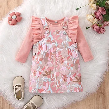 GIRLS 2PCS TOP+DUNGAREE DRESS SET PINK OCT016