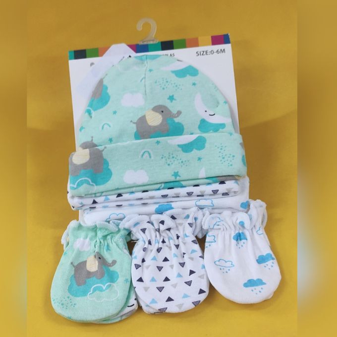 COTTON 6PCS HAT MITTEN SET-GREEN MULTICOLOR