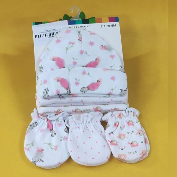 COTTON 6PCS HAT MITTEN SET-WHITE BIRD