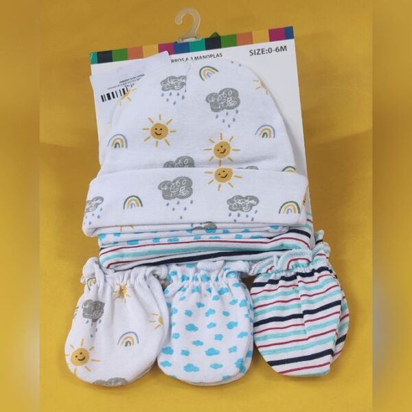 COTTON 6PCS HAT MITTEN SET-WHITE CLOUDS