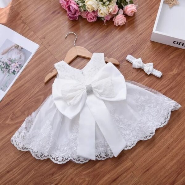 GIRLS PRINCESS DRESS WITH BOW & HEADBAND WHITE D0109
